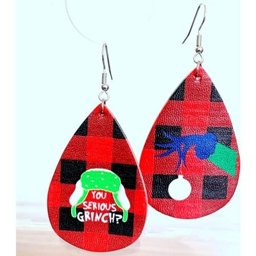Green Faux Leather Christmas Grinch Earrings New Year Gift Bulk Order