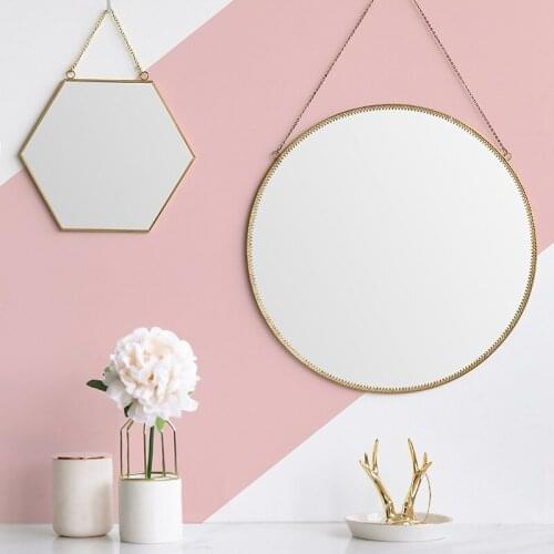 Makeup Mirror Geometric Shape Gold Brass Hexagonal Mirror Bathroom Mirror Home Decoration Simple Style