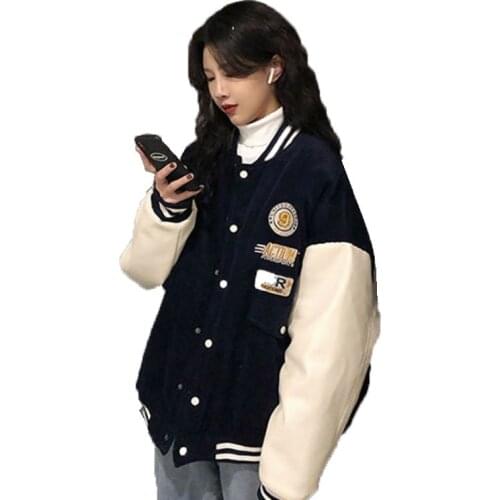 Womens Contrast Color Corduroy Baseball Uniform Couple Student Jacket 2021 Female Spring Autumn New Loose Retro Coat Tide A12