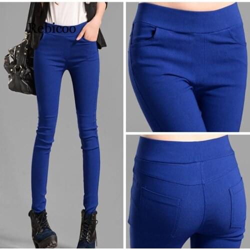 Women Autumn new high-waist pocket candy-colored pants trousers elastic thin skinny pants thin leg pants leggings