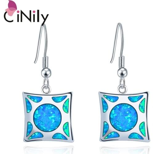 CiNily Created Blue Fire Opal Silver Plated Wholesale Hot Sell Fashion For Women Jewelry Party Dangle Earrings 1 1/4" OH4108