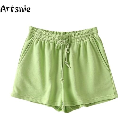 Artsnie winter 2020 sweet cotton biker shorts women high waist double pockets sweatshorts mujer vintage casual green shorts