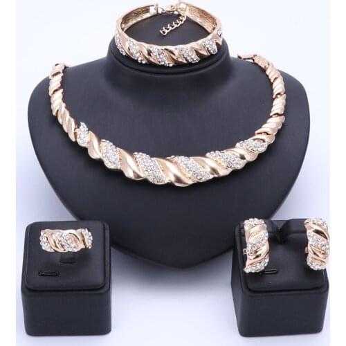 Women Gold Color Jewelry Sets Nigerian Wedding African Beads Crystal Bridal Jewellery Set Rhinestone Ethiopian Jewelry Sets