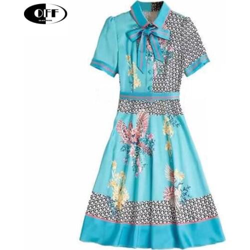 Designer summer women midi dress vintage printed short sleeve bow zevity basic chic office work plus size ladies dresses vestido