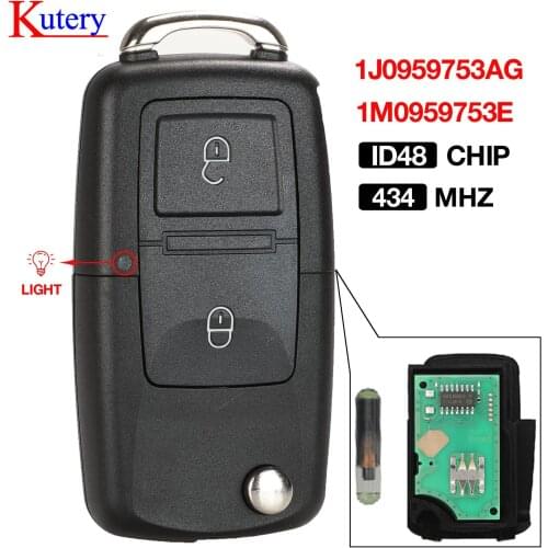 Kutery 2 Button Flip Remote Key Fob 434MHz ID48 Chip For VW Beetle Bora Golf Passat Polo Transporter T5 1J0959753AG