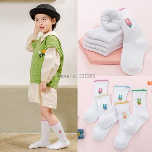 5pcs kids girls cotton socks cute little bunny design high socks for infant children spring autumn baby child white toddler sock