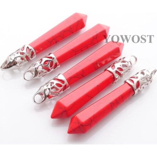 5pcs Red Turquoises Stone Reiki Healing Pendulum Hexagonal Pointed Reiki Natural Stone Pillar Charm Pendants for Necklace QN3008
