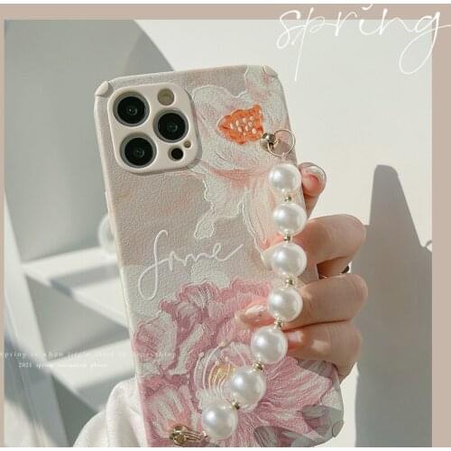 Art Oil Painting Flower Pearl Bracelet Phone Case For iPhone 12 Mini 11 Pro Max X Xs Max Xr 7 8 Puls SE Cases Soft Leather Cover
