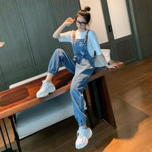 Denim Bib Womens Spring New Fashion Korean Style Loose and Thin Cute High-waist Straight-leg Pants Womens Jeans Harem Jeans