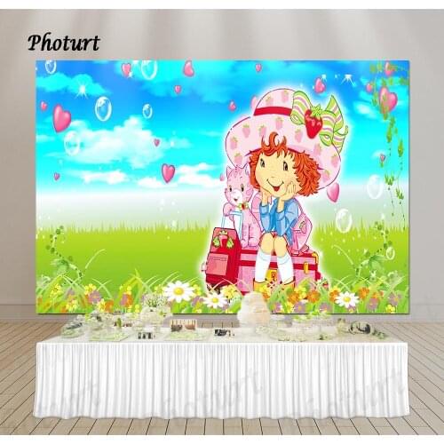PHOTURT Strawberry Shortcake Backdrop Girls Birthday Party Photography Banner Bubble Grassland Photo Background Decorate Props