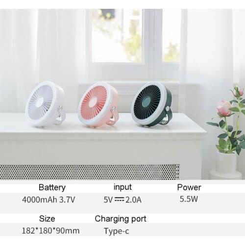 4000mAh USB Rechargeable Remote Control 3 Gears Hanging Ceiling Fan with LED Light Lamp for Camping Outdoor Tent Bed