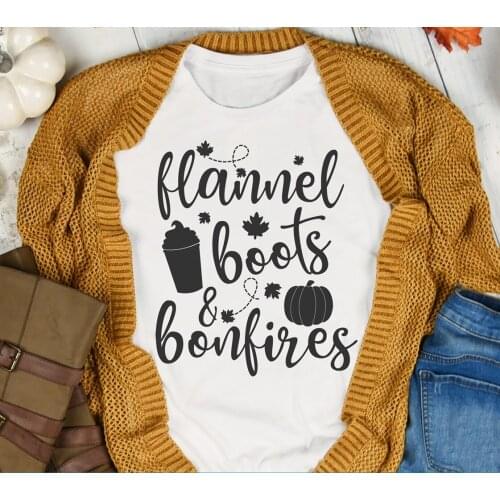 Flannel Boots and Bonfires T-shirt Cute Pumpkin Spice Graphic Halloween Tees Tops Funny Autumn Women Thanksgiving Holiday Gift