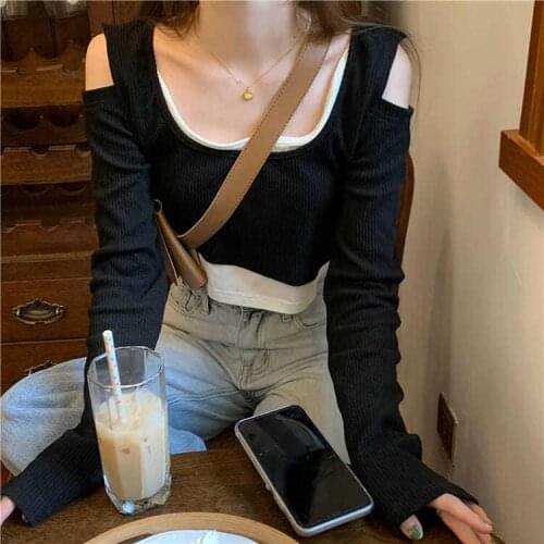 Womens T Shirt Shoulder Hollow Out Long Sleeve Cute Trendy Short Tops Wholesale Spring Autumn Fashion Casual Lady Clothes