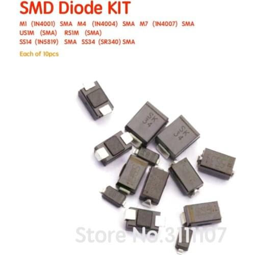 70PCS/LOT SMD diode package / M1 (1N4001) / M4 (1N4004) / M7 (1N4007)/ SS14 US1M RS1M SS34 diode Kit 7 kinds*10pcs=70pcs