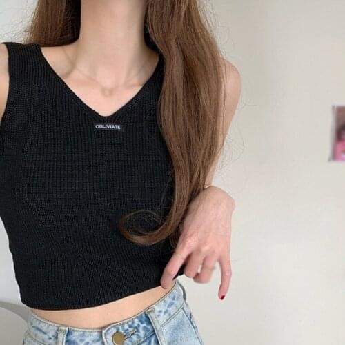 Summer Sexy V Neck Camisole Vest Girls Casual Letter Knitted Tank Top Slim Tops