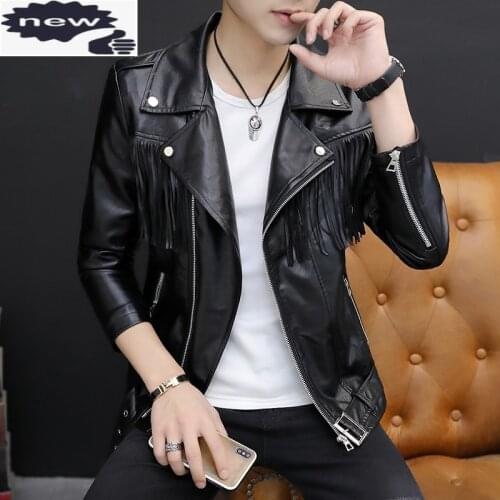 Motorcycle Pu Leather Jacket Men Fashion Slim Fit Tassel Casual Coat Punk Style Autumn Zipper Male Outerwear Black M-3XL