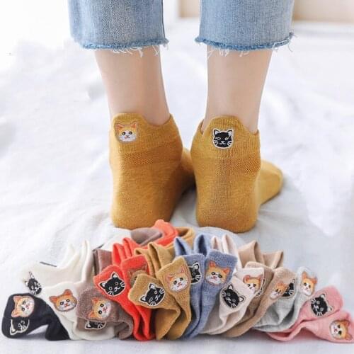 Cotton Women Fashion Socks Boat Colorful Female Shallow Mouth Short Heel Socks Cat Embroidery For Girls Spring and Summer