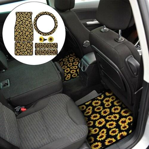 7PCS Neoprene Sunflower Print Car Interior Steering Wheel Cover Floor Mat Set