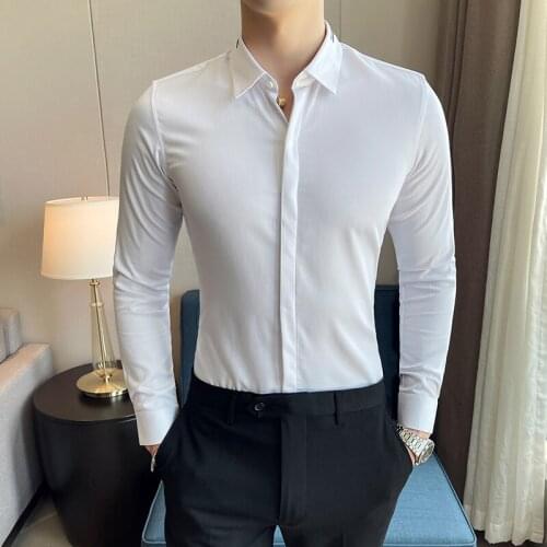 Autumn Neckline Embroidery White Shirt Men Long Sleeve Slim Business Formal Dress Shirts Casual Social Party Tuxedo Men Clothing