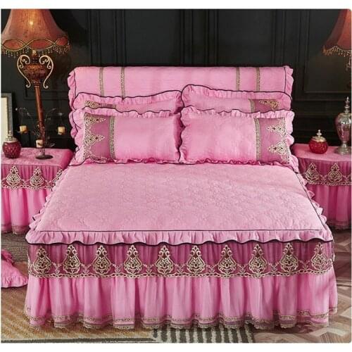 Luxury Blue Quilted Princess Bed Skirt Pillowcases Cotton Sanding Soft Thicken Bedding Lace Edge Sheet Bedspread Mattress Cover