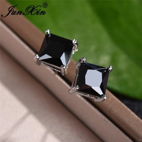 Vintage Mens Black Stone Square Earrings Simple Stacking Differ Sizes Zircon Crystal Wedding Stud Earrings For Men Women