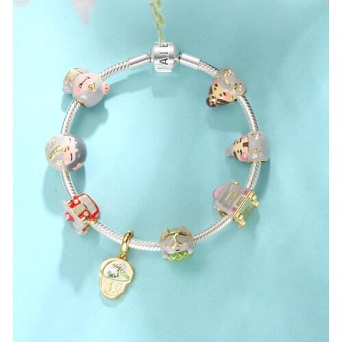 AGATA 925 Sterling Silver Charms for Bracelets Making Japanese Style Series Gold-plate Enamel Beads Accessories DIY Jewelry