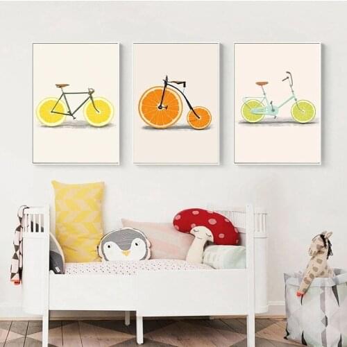 Modern Simple Nordic Cartoon Bicycle Canvas Painting Posters Prints Wall Art for Living Room Childrens Room Background Unframed
