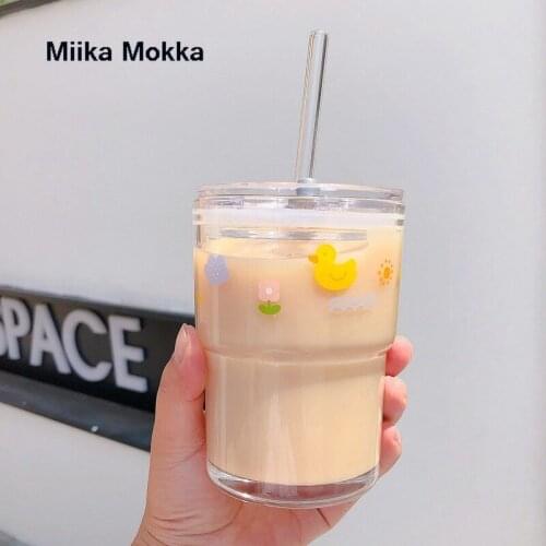 Glass Cup Ins Wind Straw Cup Korean Girl Heart Home High-value Cartoon Printing Milk Cup Large-capacity Cup Cartoon