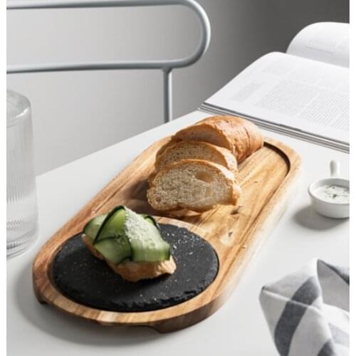 Solid wood snack plate, wooden tray, black slate plate, Acacia wrapped plate, Western food, Japanese dishes