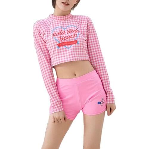 Women Two Piece Swimsuit Lolita Plaid Swimwear Long Sleeve Rash Guard Push Up Swim Suit High Waist Tankini Padded Bathing Suit