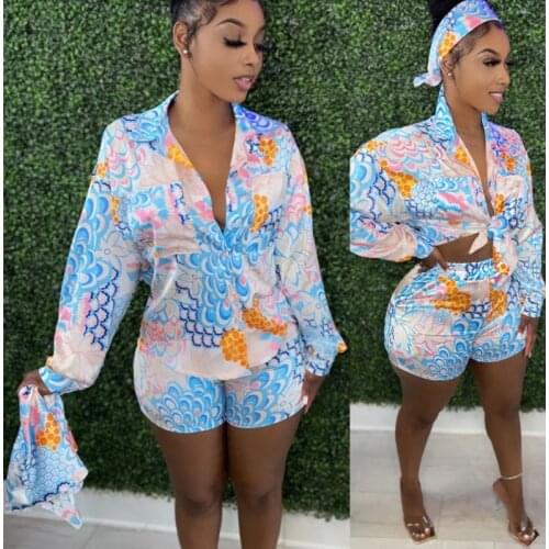 2021 New Arrival Fashion Design 2 pcs Blazer Women Set Print Notched Long Sleeve Blazer and Shorts Office Lady Outfits