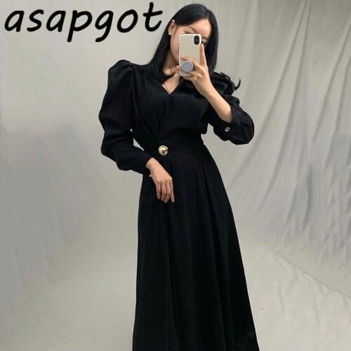 Korean Chic Elegant Temperament Slim V Neck One Button Waist Puff Sleeve Dress Woman Long Vintage Office Lady Vestido Casual