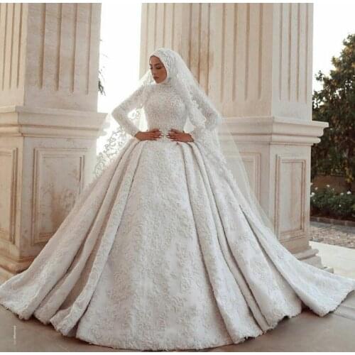 Ball Gown Muslim Wedding Dresses 2020 Long Sleeves Lace Beads Bridal Gowns robe de mariée Plus Size Arabic Church Wedding Dress