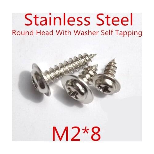 100pcs/lot M2*8mm 2mm Stainless Steel 304 Round Head With Washer Micro Self Tapping Screw Round washer head screw