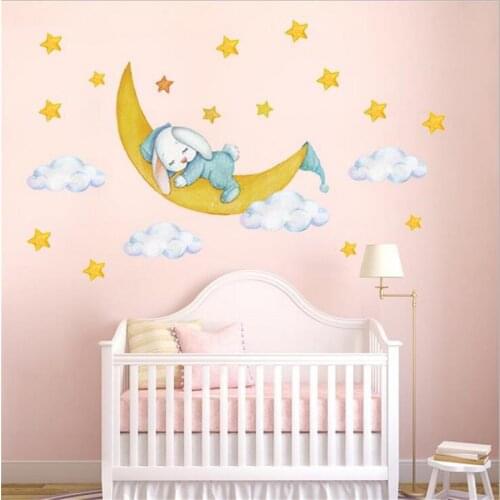 2021 Cartoon Cute Sleep Rabbit Moon Wall Stickers For Kids Bedroom Childrens Room Decoration kindergarten Wallpaper PVC