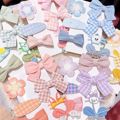 7 Pcs/set New Fabric Cotton Bowknot Hair Clips Lattice Cartoon Side Clip Girls Barrettes Safty Hairpins Kids Hair Accessories