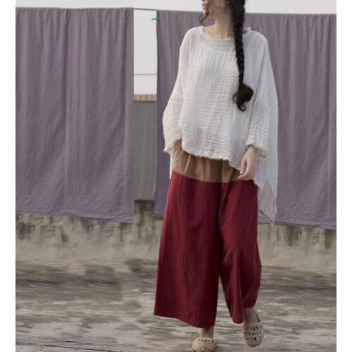 Women Loose Patchwork Cotton Linen Wide Leg Pants Ladies Elastic Waist Solid Color Wide Leg Trousers Female Summer Pants 2021