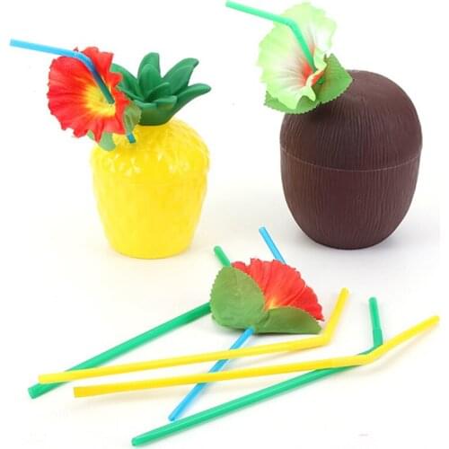 Best 12Pcs/Lot Pineapple Coconut Cups Fruit Shape Juice Party Drinking Cups with Flower Straws for Hawaiian Luau Summer Beach Pa