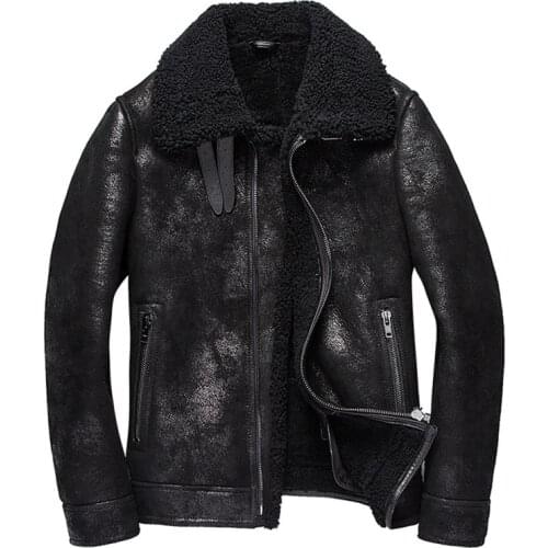 Denny&Dora Mens Shearling Coat Mens Fur Coat Black Crack Texture Pilot Leather Jacket