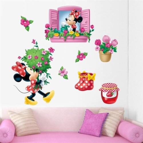 Disney Mickey Minnie Flowers Window Wall Stickers For Kids Room Bedroom Home Decor Cartoon Wall Decals Pvc Mural Art Diy Poster