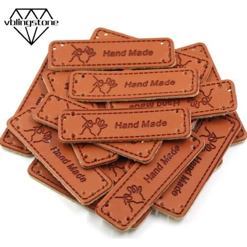 50Pcs Wholesale Handmade Labels Faux Leather Knitting Tags Cartoon Pattern Hand Made Tags Sewing Label For Clothes Jeans Bags