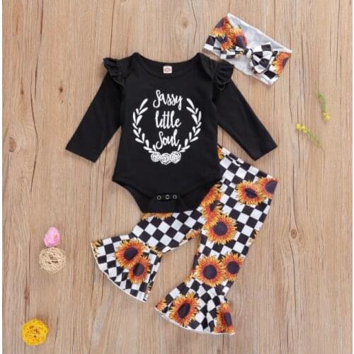 Baby Girls Clothes Set Long Sleeve Letters Ruffle Tops Sunflower Print Flare Pants Headband Spring Fall Baby Girls Clothes