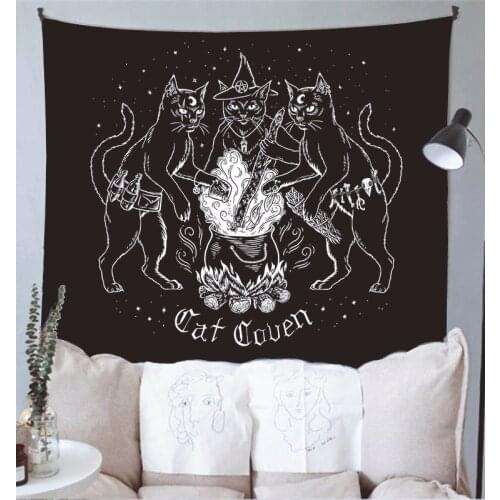 Cat Witchcraft Tapestry Wall Hanging Tapestries Mysterious Divination Baphomet Occult Home Wall Black Cool Decor Cat Coven 95x73