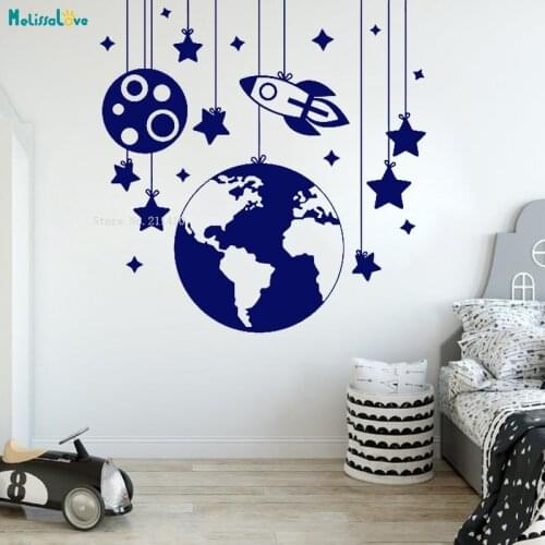Space Rocket Stars Planets Earth Wall Decal Sticker Bedroom Kids Boys Teenager Room Self-adhesive Murals Lovely YT2795