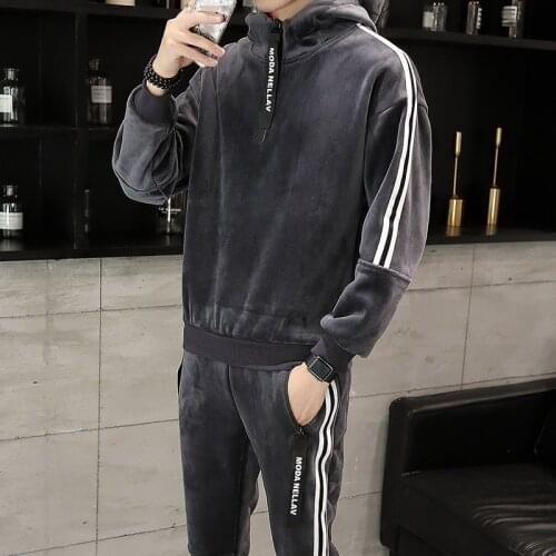 Mens Casual Sets Autumn Winter Sports Sets Male Korean Fashion Solid Pullover Hooded Blouse Running Pants Two-Piece Suit