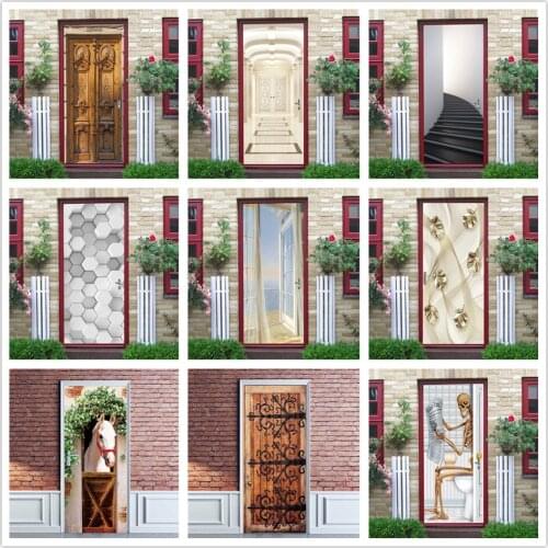 95*215cm 3D View Door Sticker Adhesive Removable Wallpaper Waterproof Poster Wall Art Mural Decals Home Decor autocollant porte