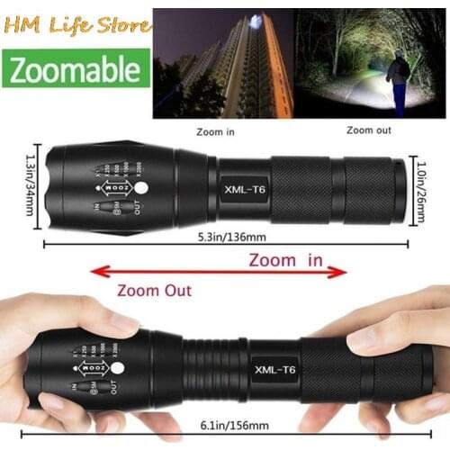 1Pc High Quality Black T6 Tactical Military LED Flashlight 980000LM Zoomable 5-Mode Without Battery Outdoor Portable Tools