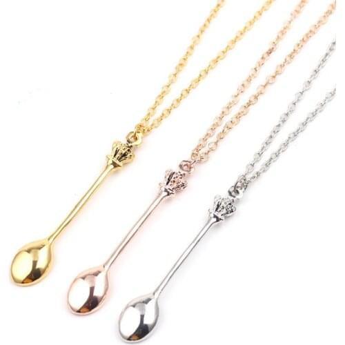 Charm Tiny Tea Spoon Shape Pendant Necklace With Crown For Women 3 Colors Creative Mini Long Link Jewelry Spoon Shape Necklace