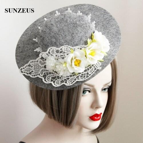 Fall Winter Grey Bridal Hats With Ivory Lace Flowers Elegant Women Wedding Party Hat New Headwear 2020 Free Shipping FJ-73