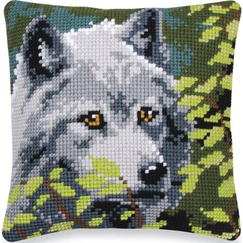 Cross Stitch Cushion Front Wolf in the Woods Needlepoint Kits Printed Canvas Chunky Yarn Cross-stitch Pillow Case Arts & Crafts